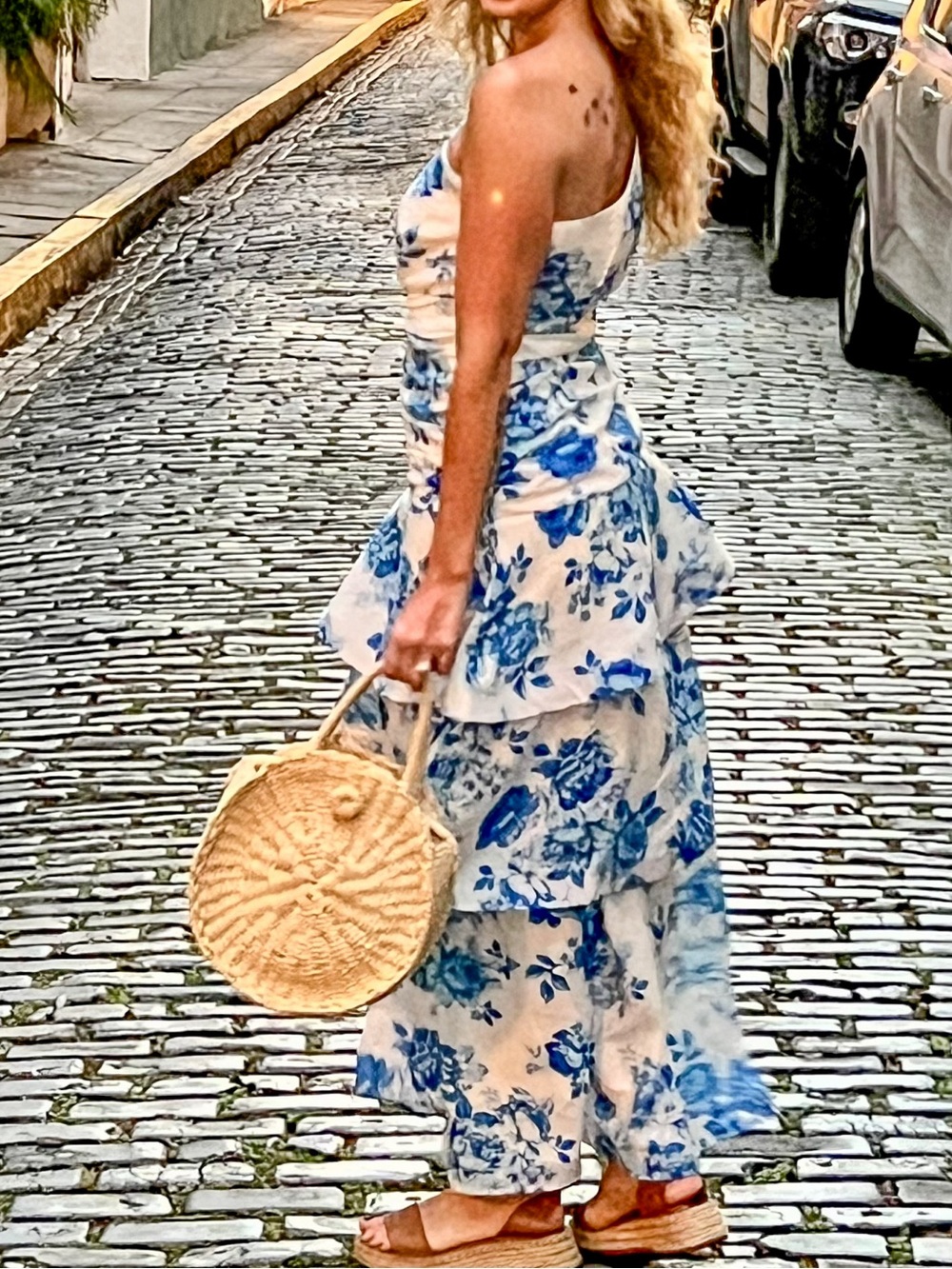 Blue Floral One-Shoulder Ruffle Midi Dress - Picture 9 of 9